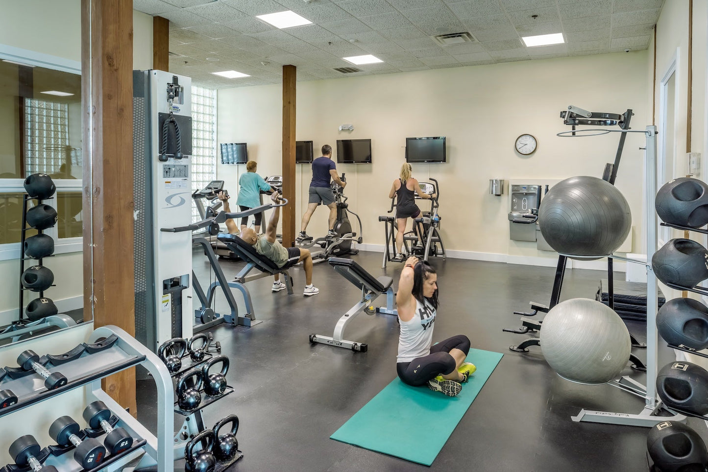 Steele Hill fitness center with treadmills, ellipticals, kettlebells, dumbbells and exercise balls