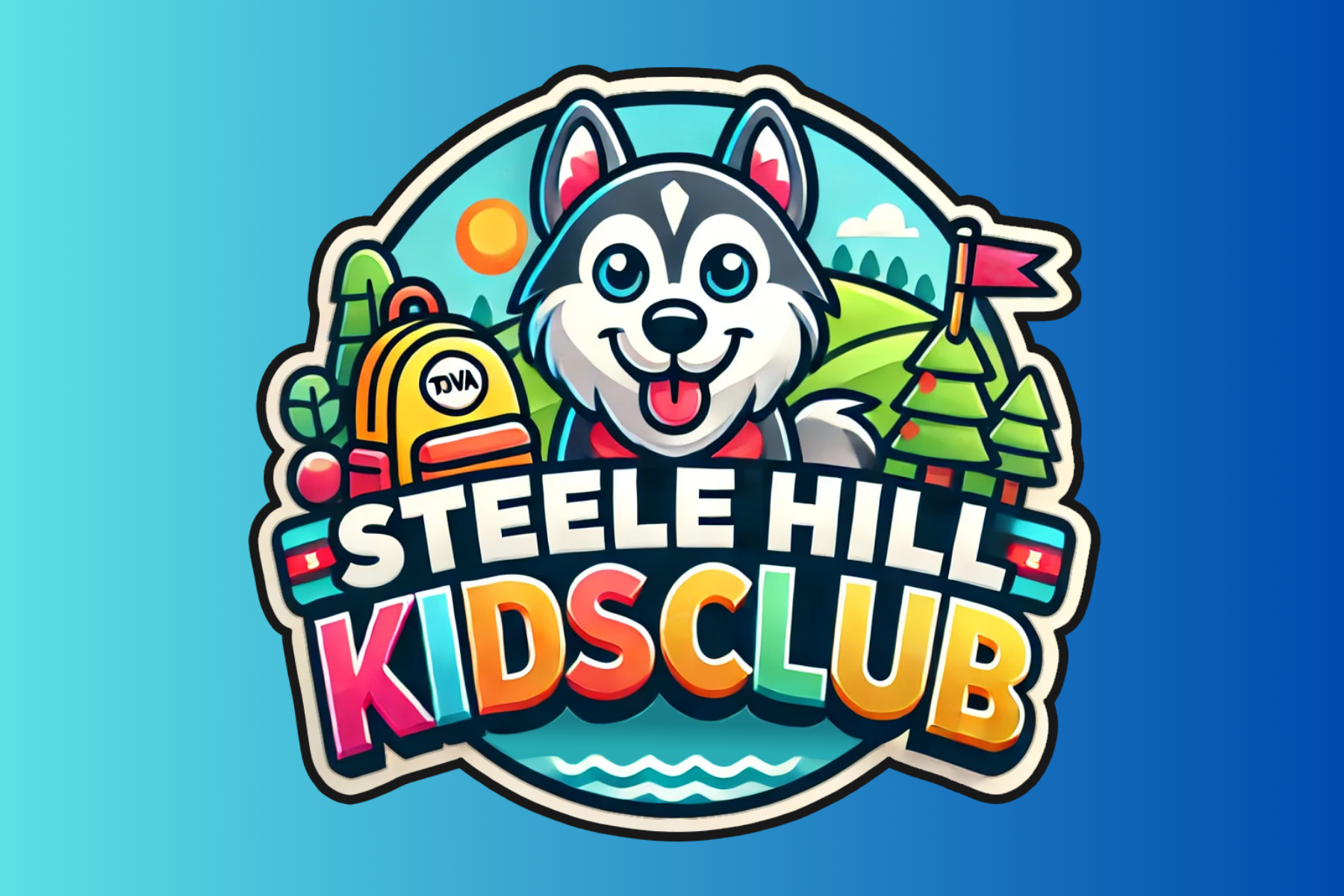 Cartoon logo badge reading 'Steele Hill Kids Club' with a smiling husky, backpack, and pine trees on a blue background